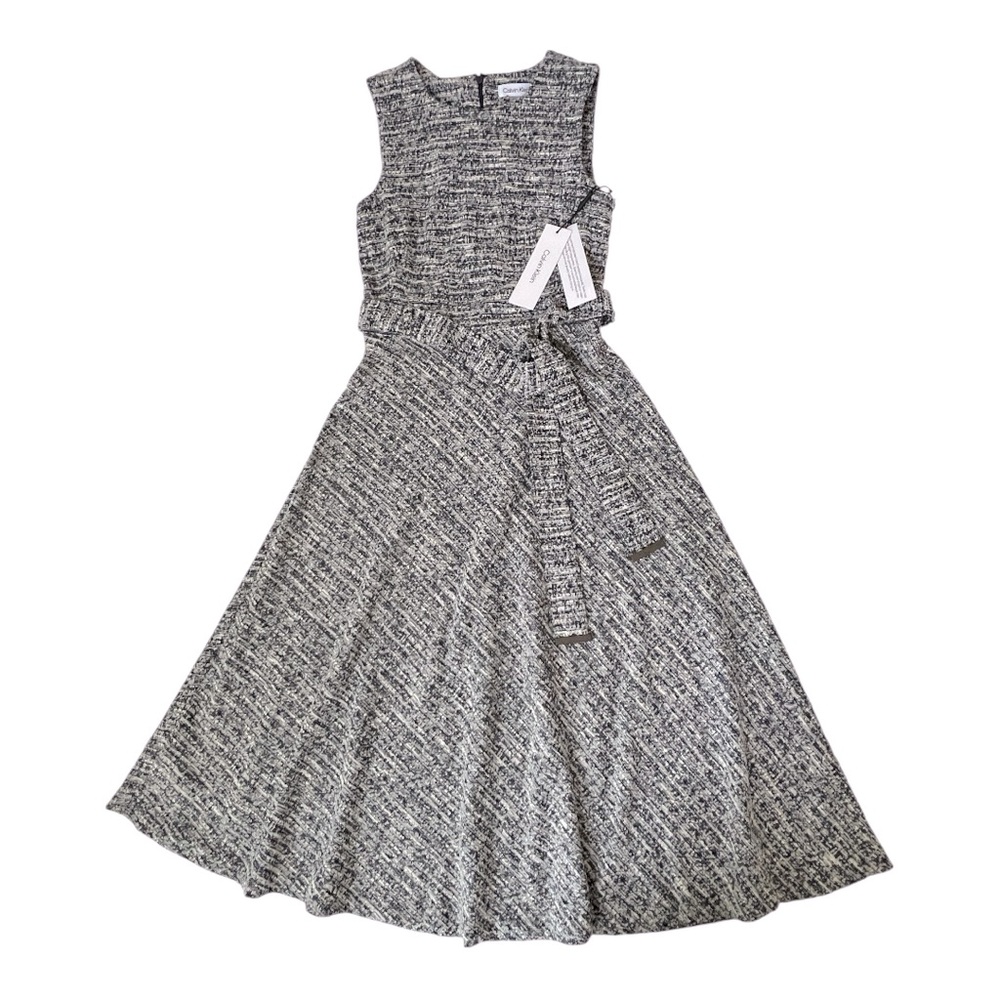 NWT Calvin Klein Tweed Belted A-Line Midi Dress Size 2